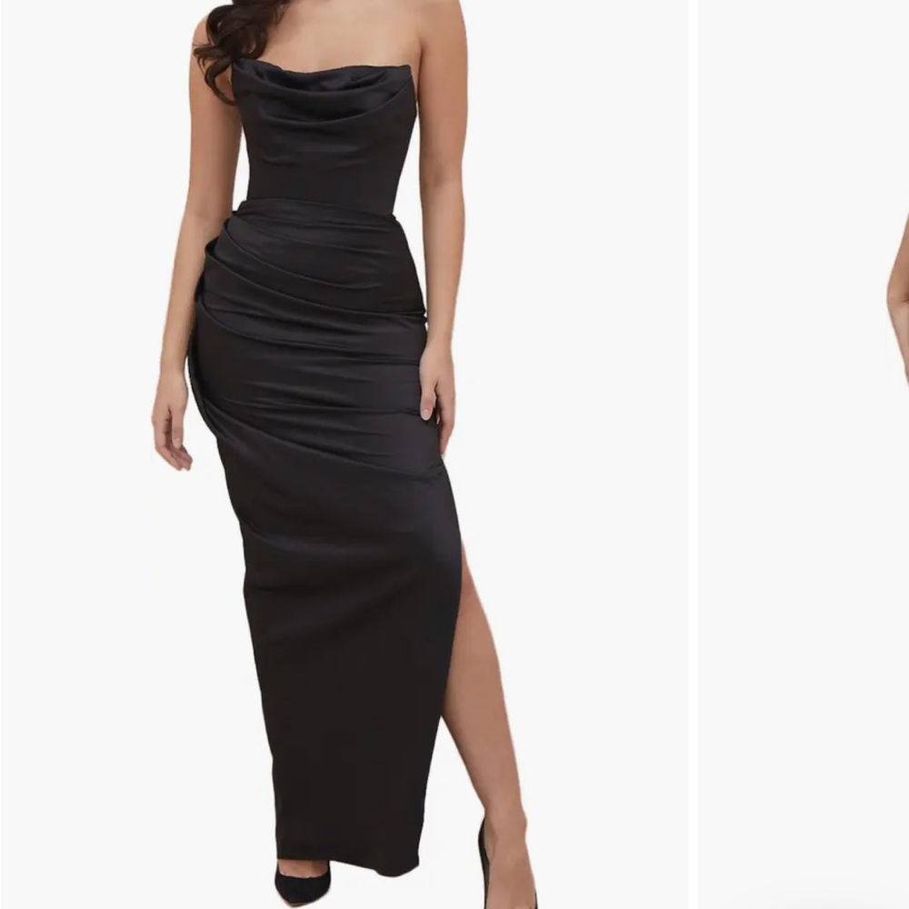 House of CB “Adrienne” Black Strapless Draped Satin Gown L+ Plus Cup